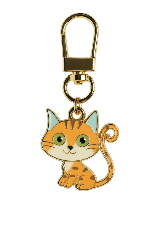 Schlüsselanhänger „Colorful Cat Charm“ – Bunte Glückskatze mit goldener Fassung