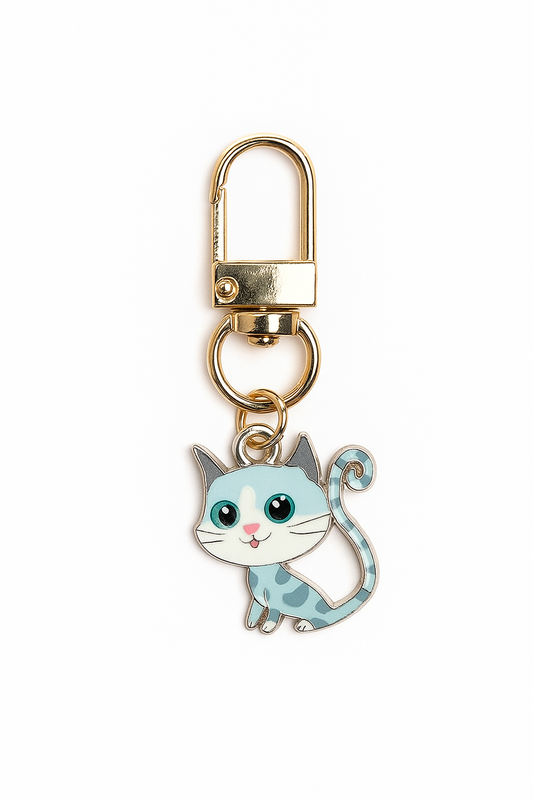 Schlüsselanhänger „Colorful Cat Charm“ – Bunte Glückskatze mit goldener Fassung